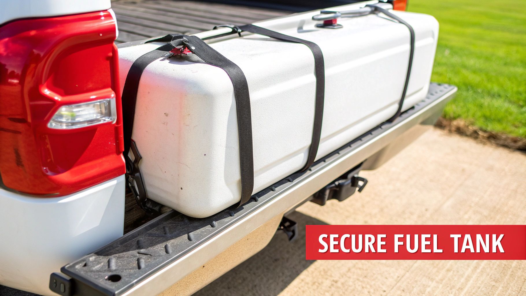 A white auxiliary fuel tank is securely fastened with black straps in the bed of a pickup truck.