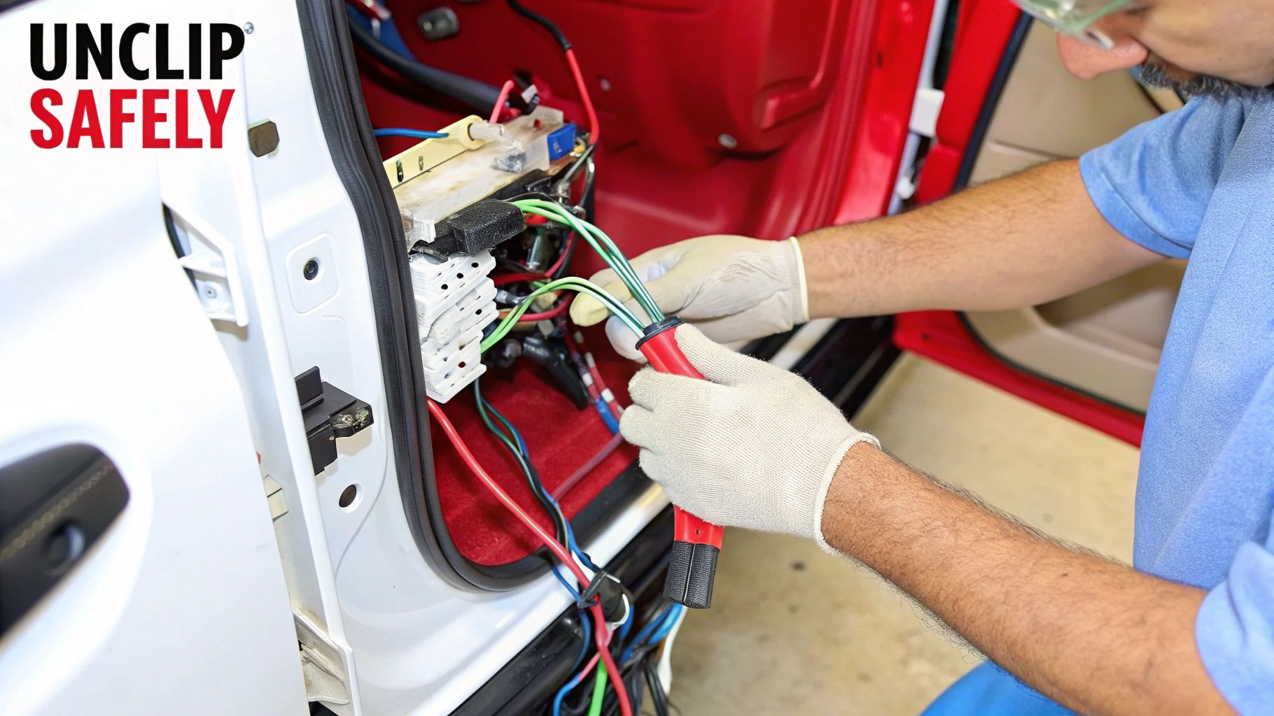 Close-up of a hand carefully disconnecting a wiring harness from a car door panel