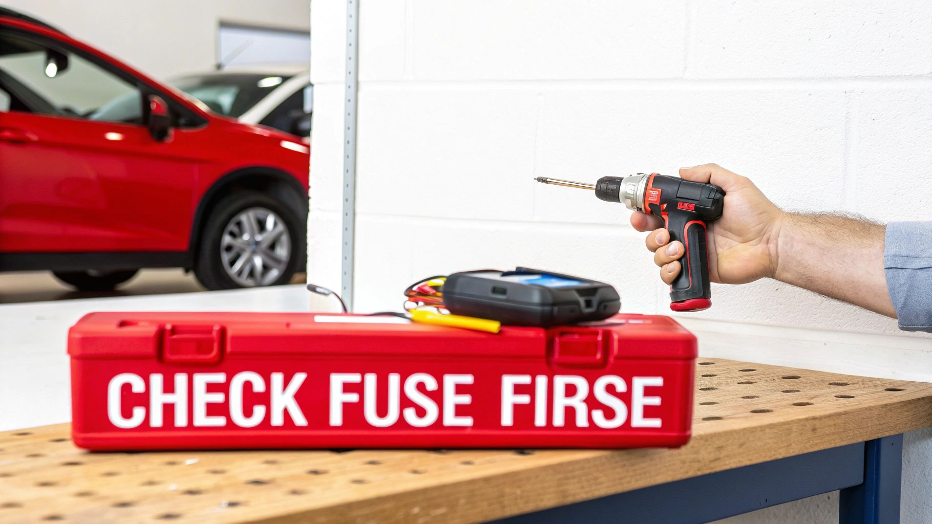 Hand holding power drill near a red toolbox with 'CHECK FUSE FIRST' text, and a diagnostic tool in a garage.