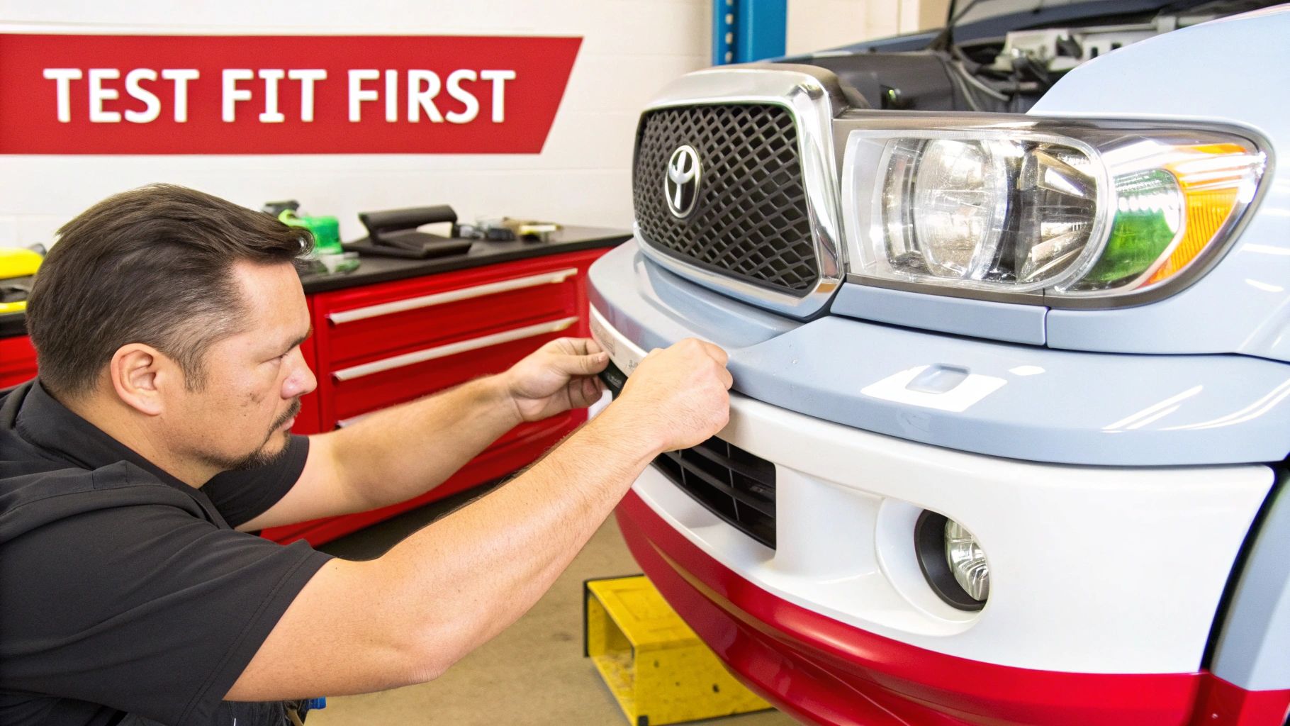 Man test-fitting a light blue bumper cover onto a Toyota truck in a professional workshop.