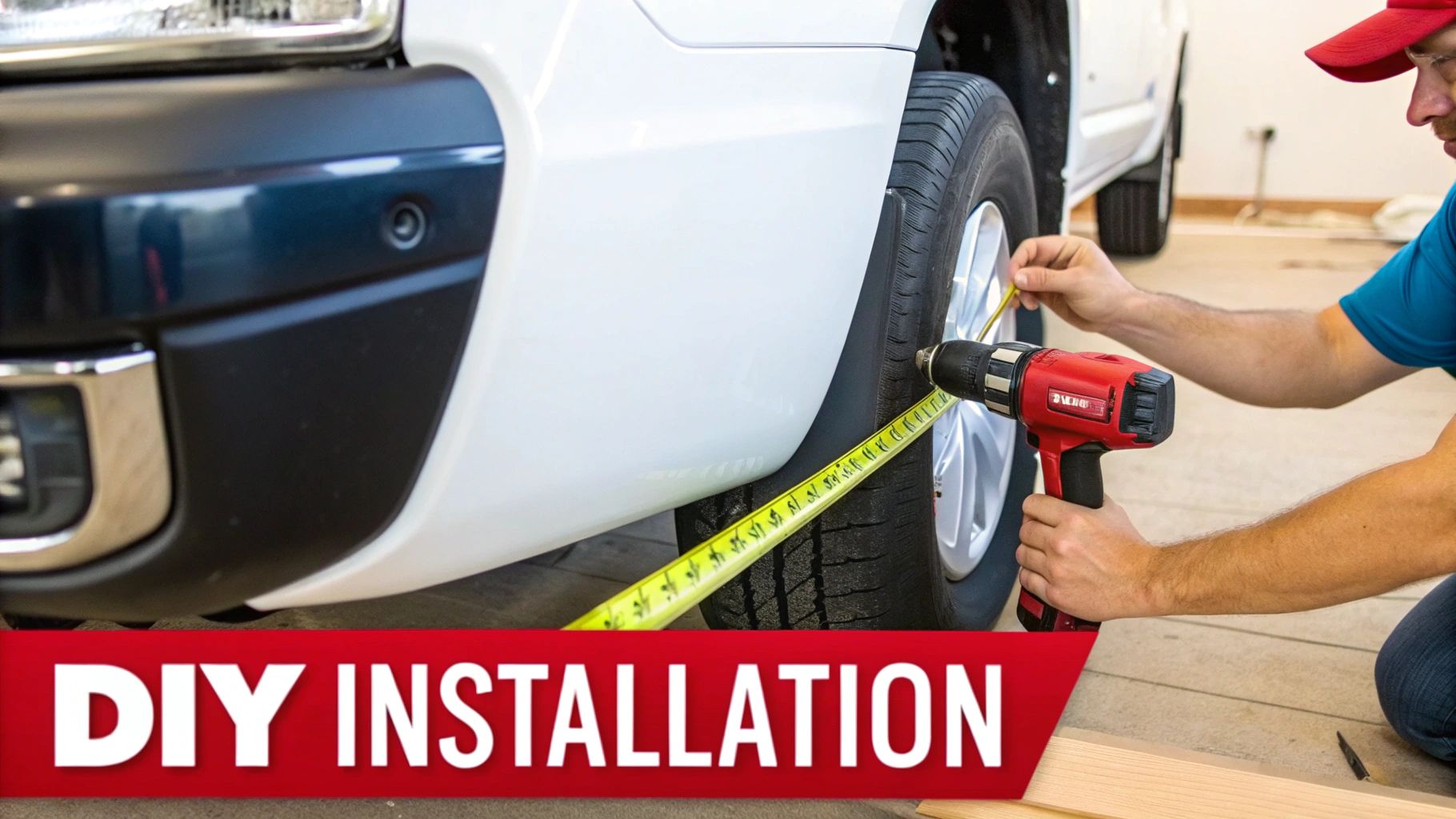 Man measuring a car's wheel well with a tape measure, preparing for a DIY parking sensor installation.