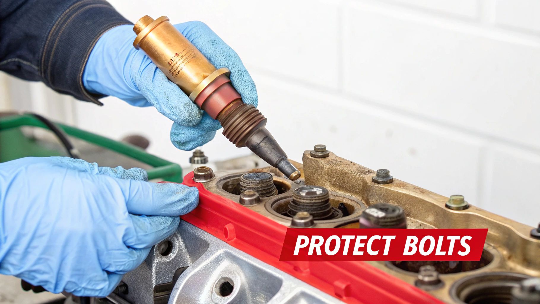 Person in blue gloves applies anti-seize compound to spark plug wells on an engine.