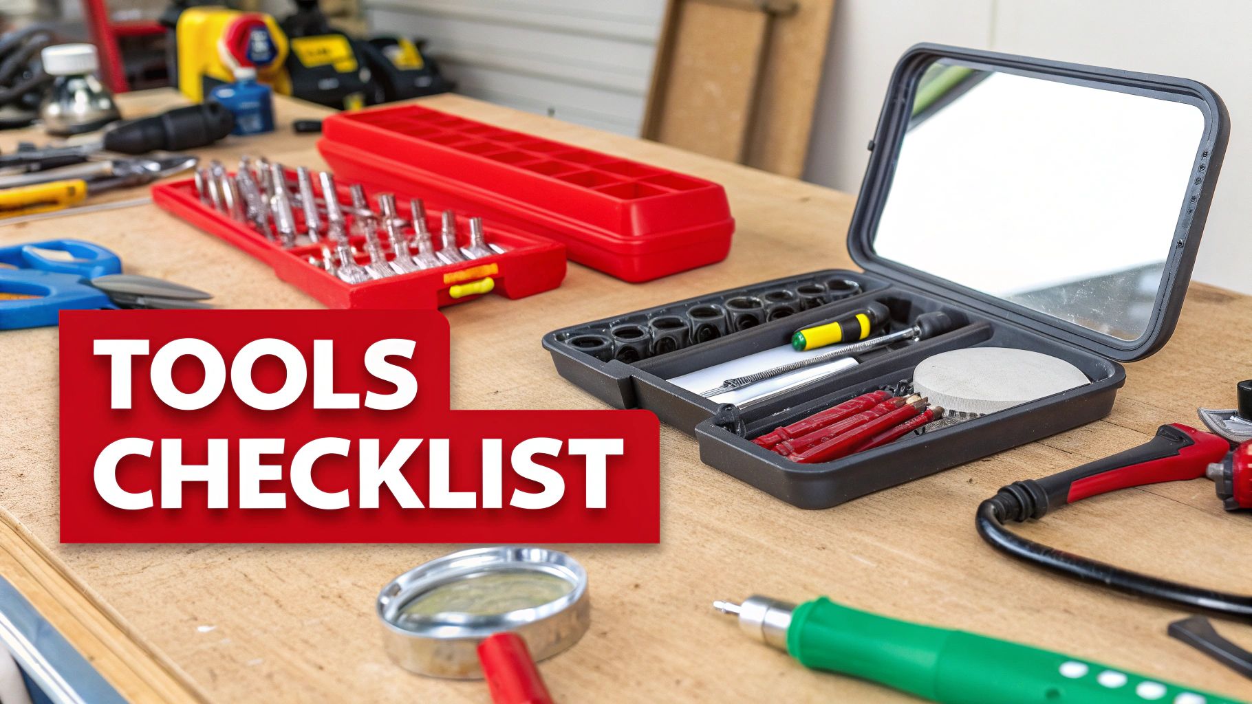 A set of car repair tools, including sockets and wrenches, laid out on a clean surface.