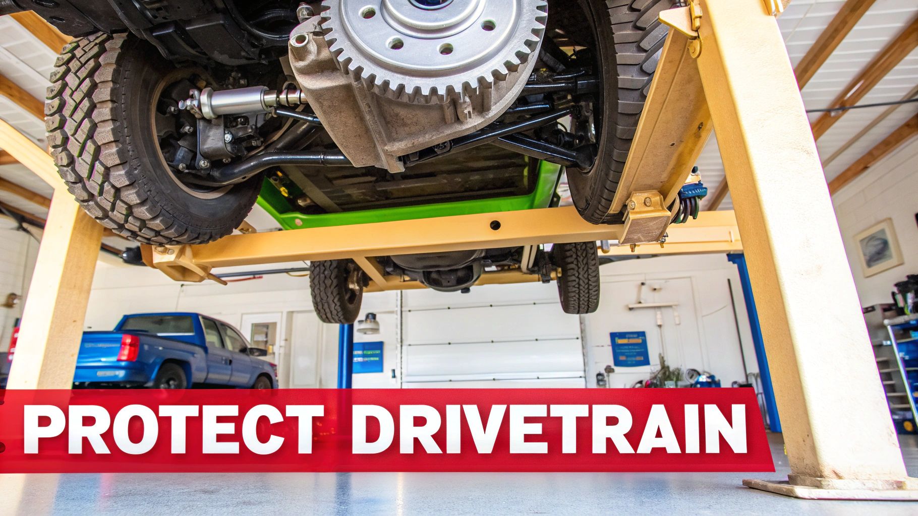 Underside view of a vehicle lifted on a hoist in a garage, showing the front drivetrain components for maintenance.