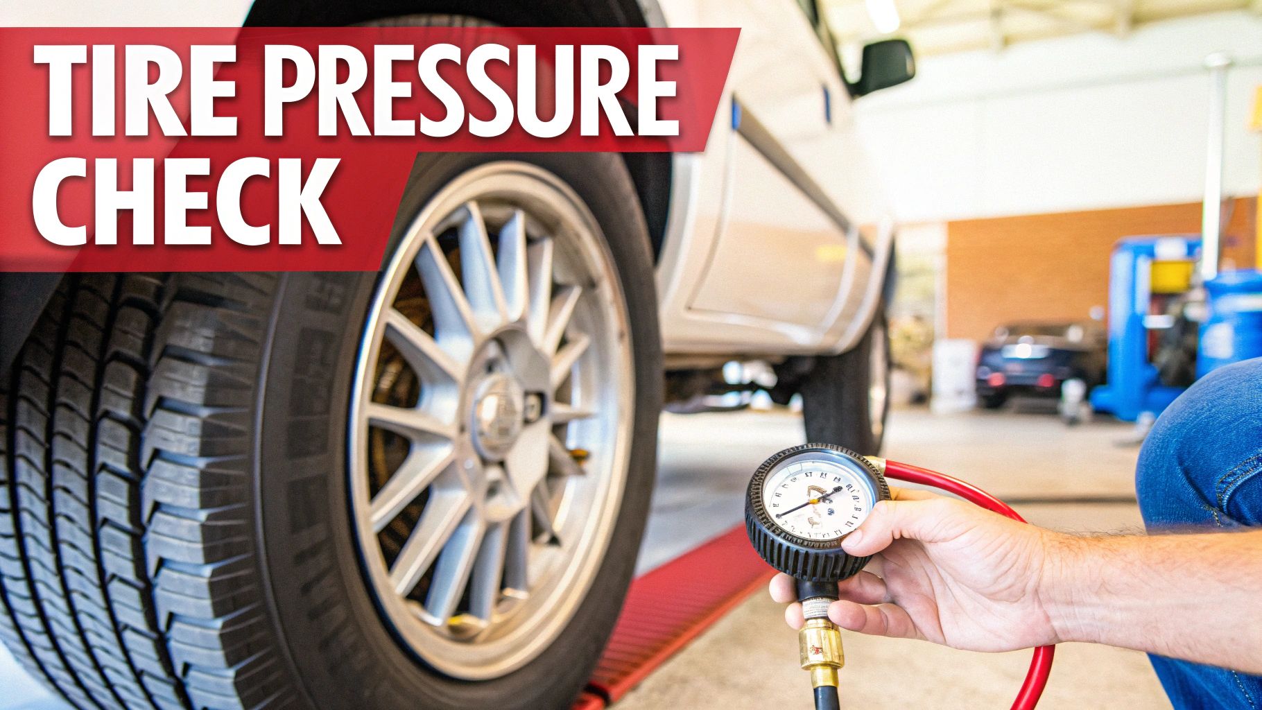 A person in a garage checks the tire pressure of a white car with a gauge.