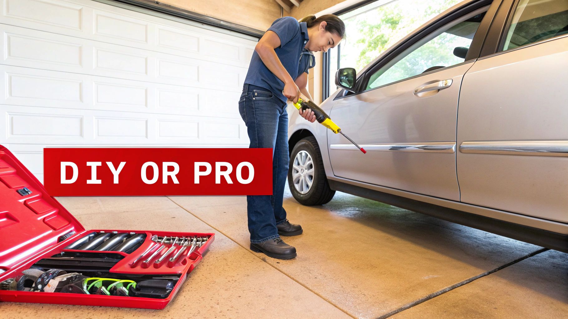 A person's hands using a trim removal tool to carefully pry off an interior car door panel, showcasing a key step in the DIY replacement process.