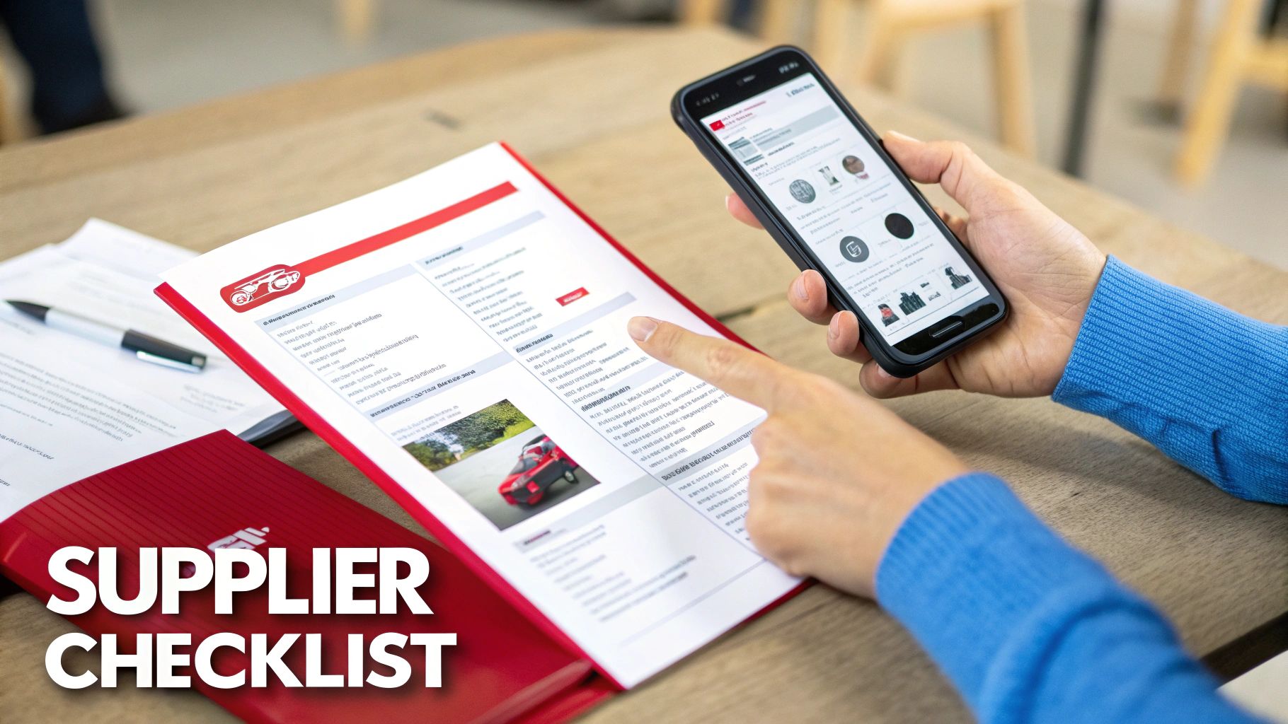 A person reviewing a supplier checklist document with a red car image and a smartphone.