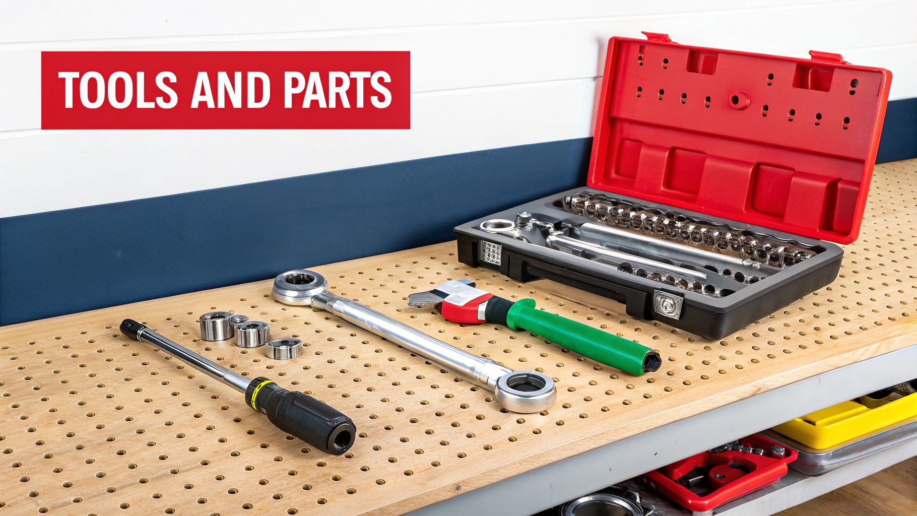 Various mechanic tools and metal parts, including a red socket wrench set and torque wrench, on a pegboard workbench.