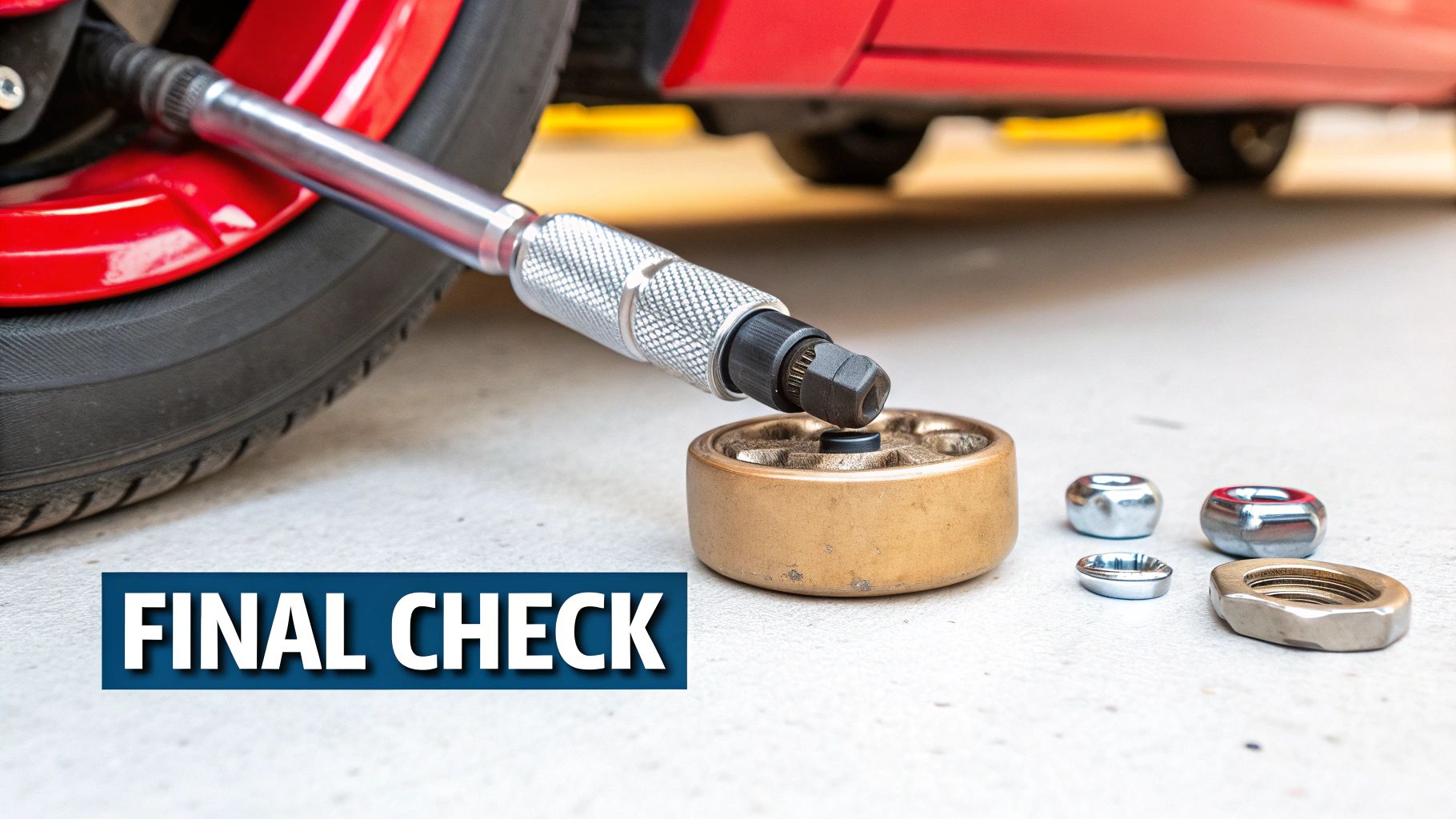 A close-up shot of a car wheel being tightened with a torque wrench, with lug nuts on the ground.