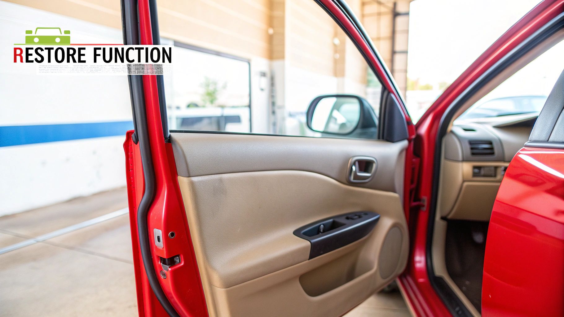 Close-up view of an open red car door, revealing the tan interior door panel with window controls.