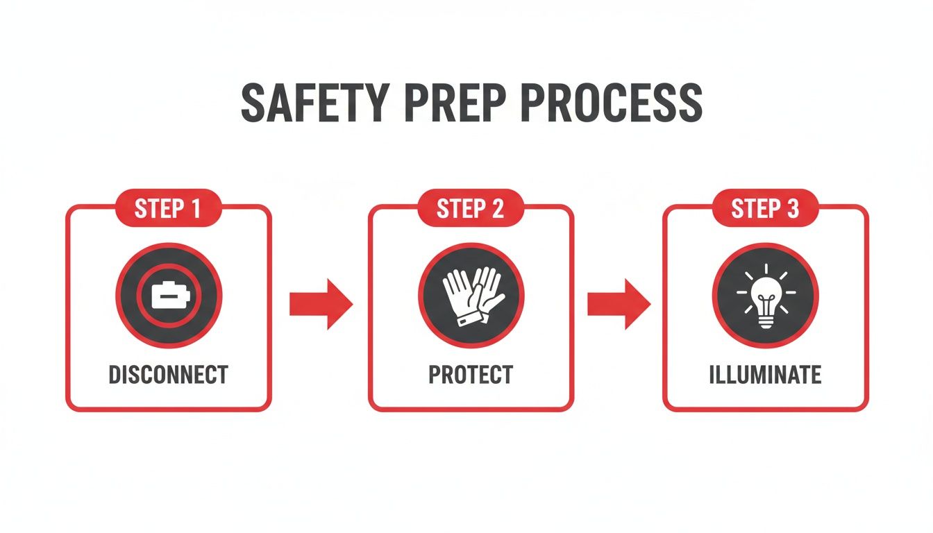 A three-step safety preparation process diagram with icons for disconnect, protect, and illuminate.