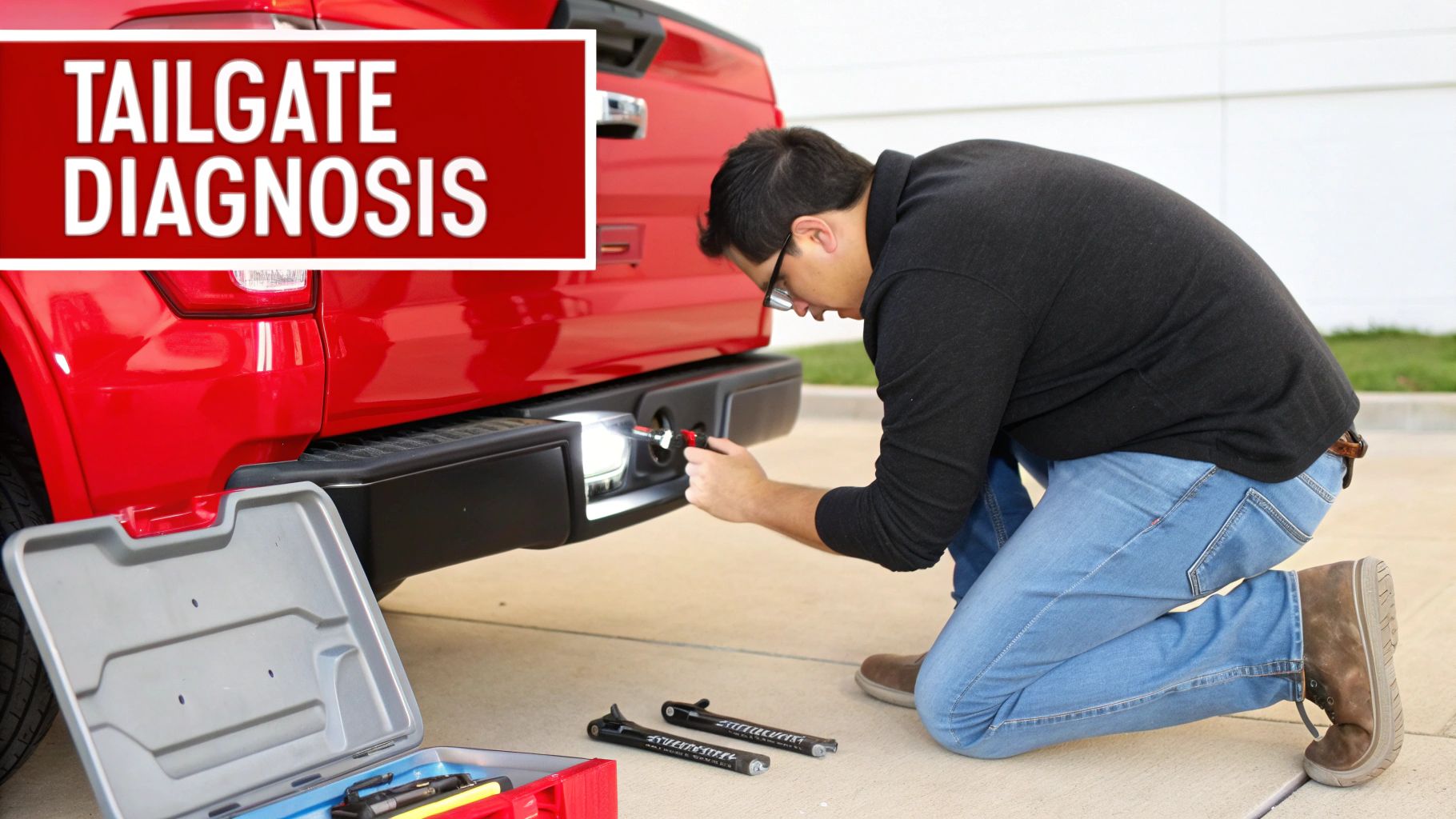 A man kneels, diagnosing the rear tailgate area of a red pickup truck with tools.