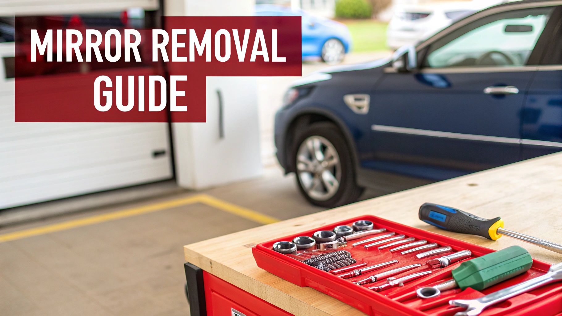 Workbench with tools for car mirror removal, featuring a blue car and garage door.