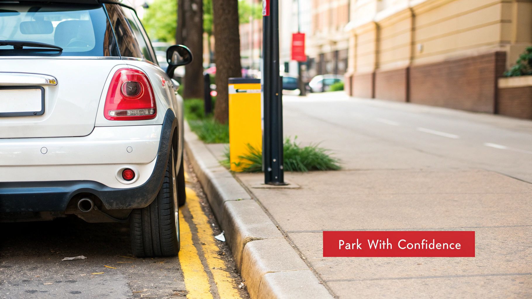 A modern car's rear bumper showing four integrated aftermarket parking sensors.