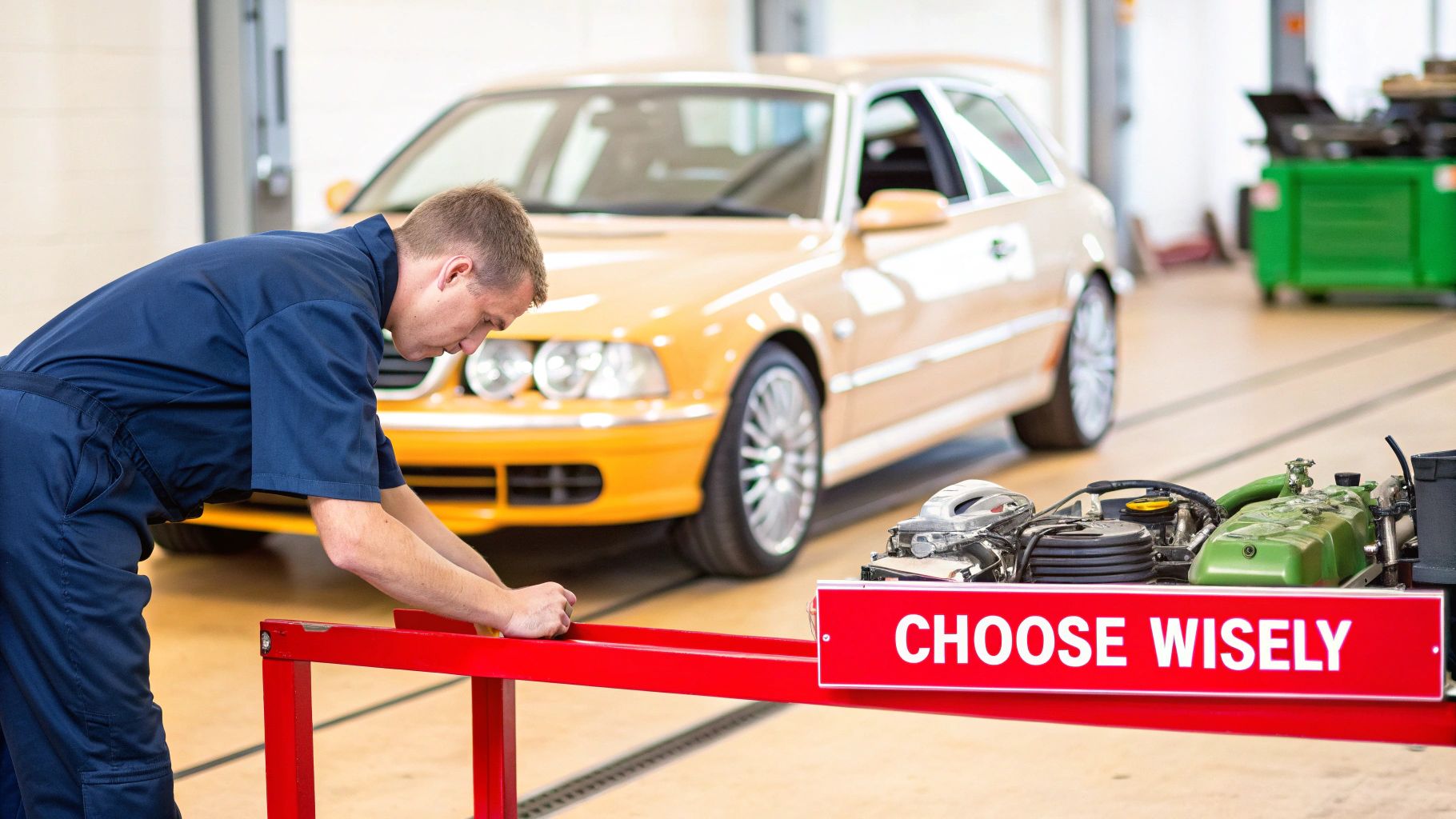 A person inspecting the underside of a car lifted on a hoist in a well-lit auto shop
