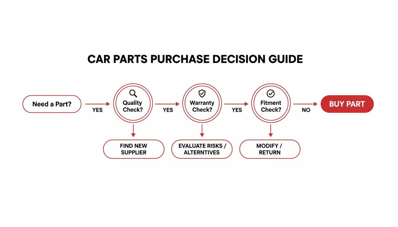 A flowchart guide for car parts purchase decisions, including quality, warranty, and fitment checks.