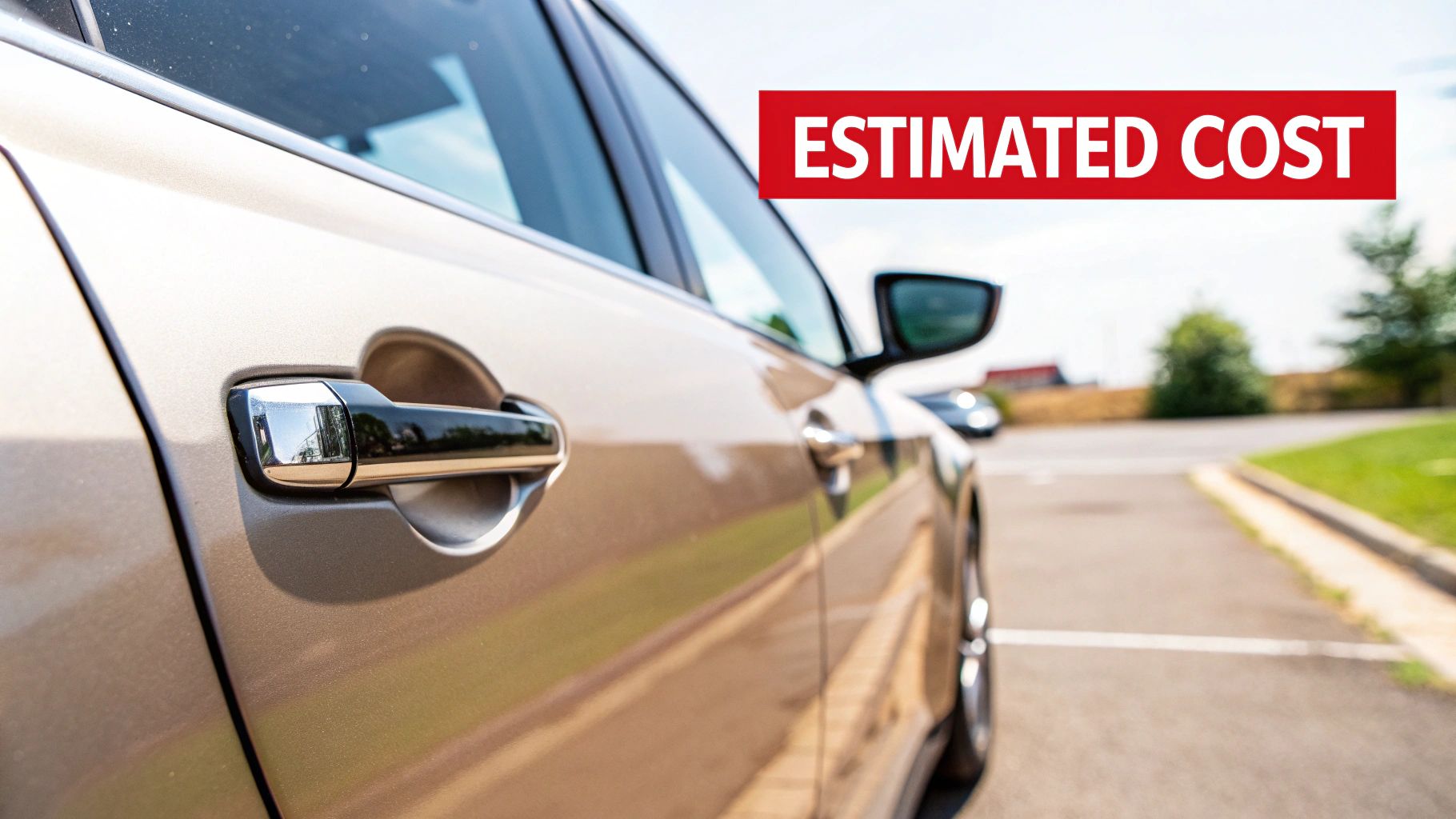 Close-up of a beige car's side and door handle, featuring a red 'ESTIMATED COST' banner.