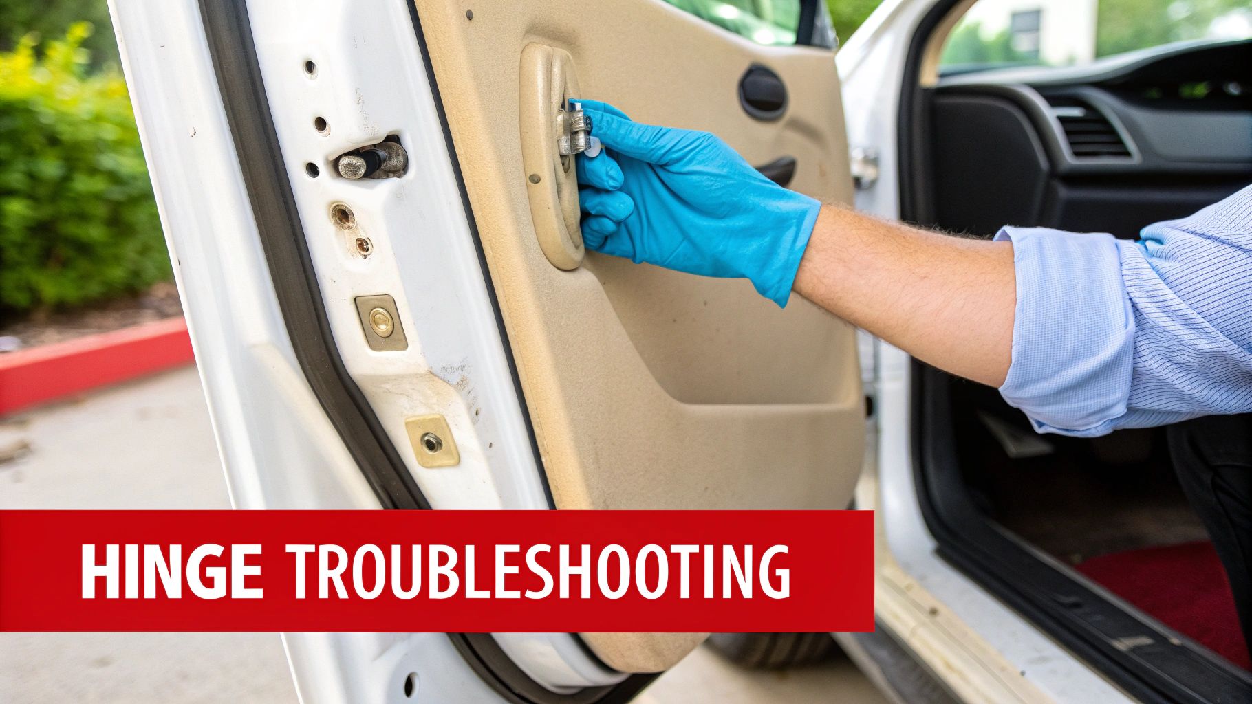 A person wearing a blue glove works on an open car door's interior, with 'HINGE TROUBLESHOOTING' banner.