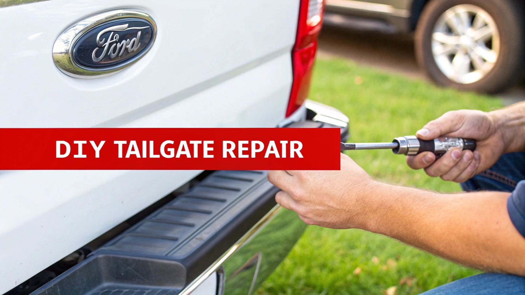 A person repairs the tailgate of a white Ford pickup truck with a screwdriver, with a 'DIY Tailgate Repair' banner.