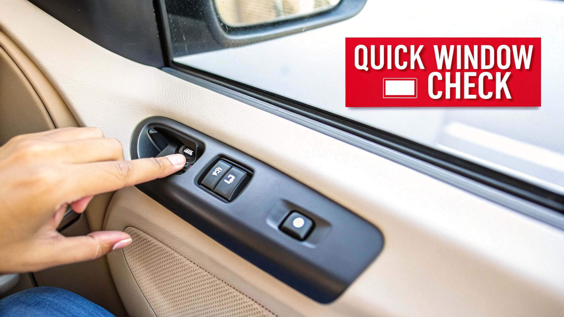 A person's finger presses a car's power window switch. A red banner says 'QUICK WINDOW CHECK'.