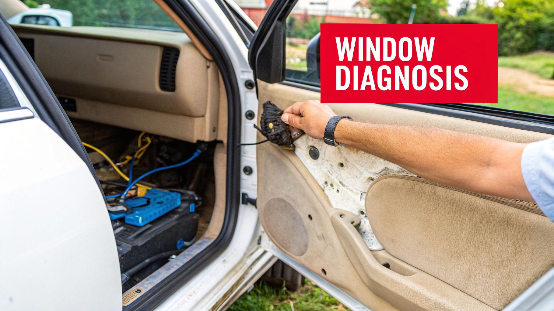 A person's arm working on a car door with the interior panel removed for power window repair.