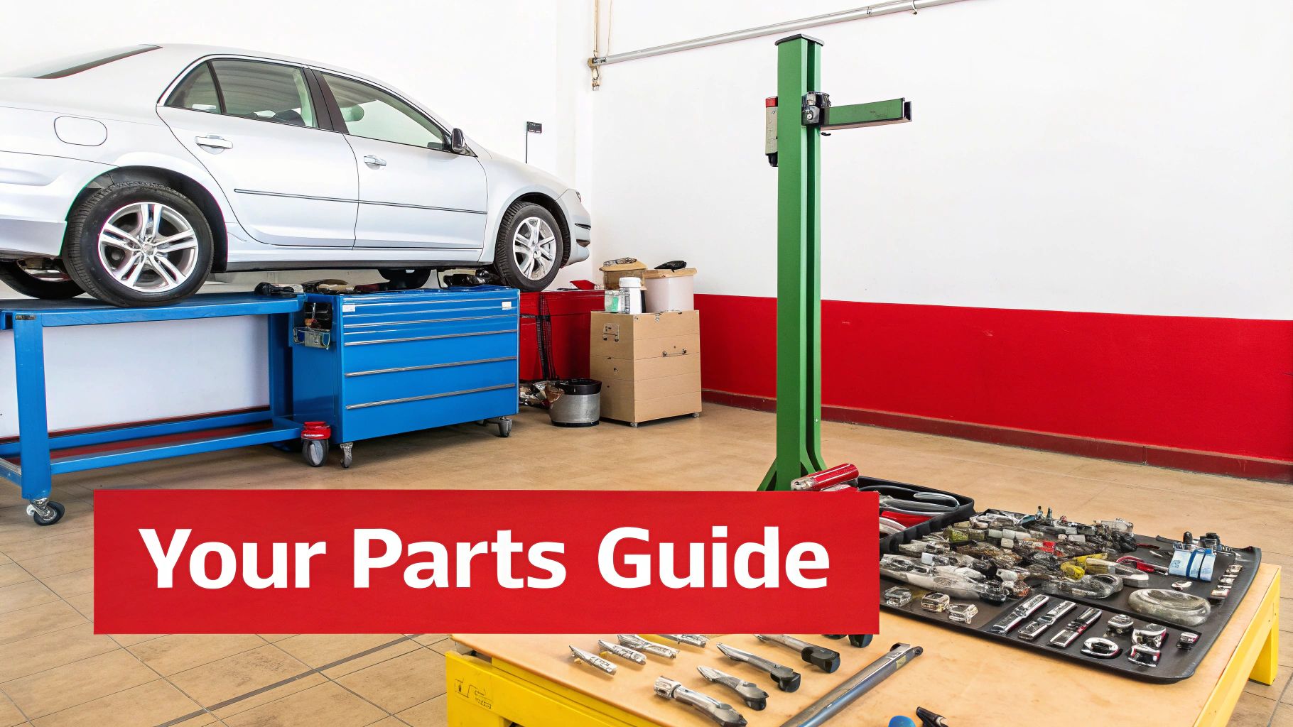 Assortment of various aftermarket auto parts like filters, brake pads, and shock absorbers organized on a shelf.