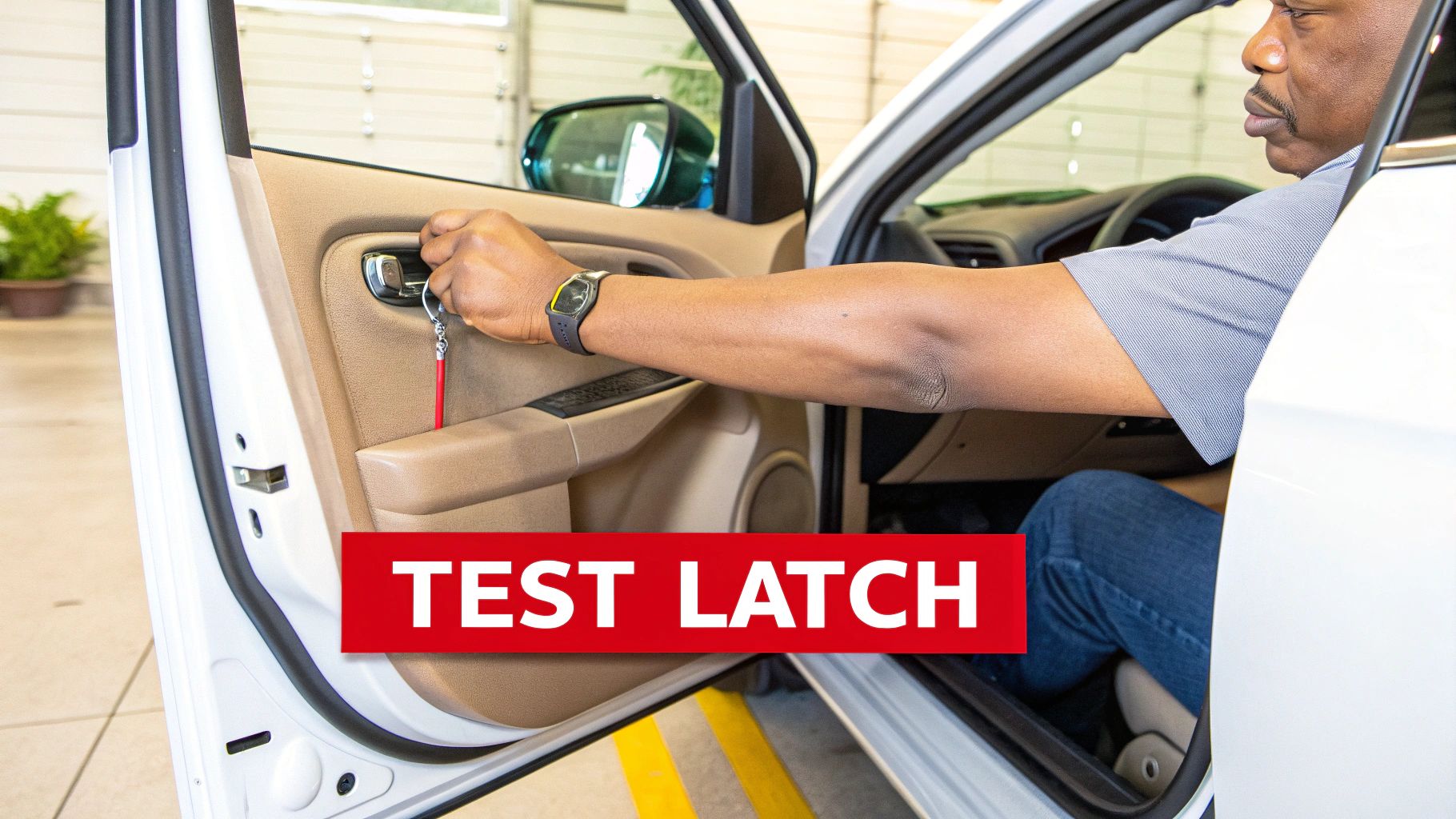 Man testing car door latch mechanism while sitting in driver seat of vehicle