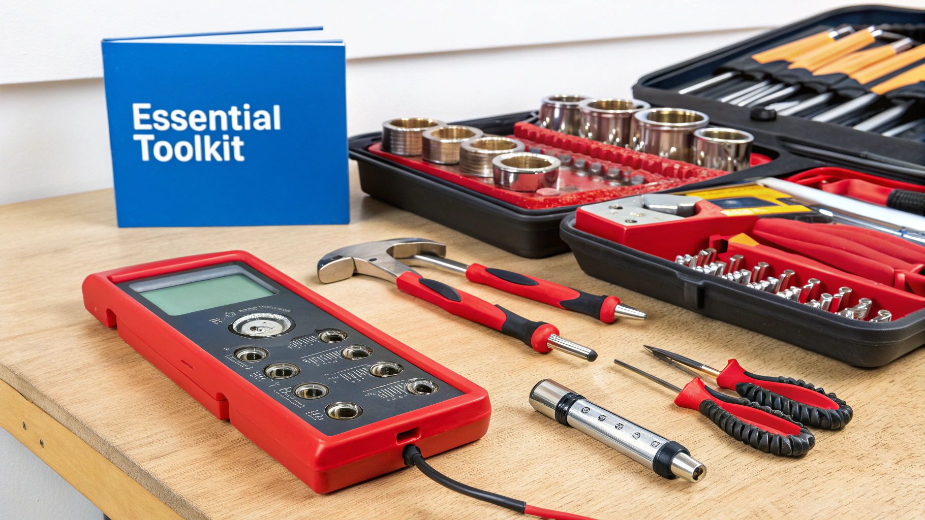 An organized set of auto repair tools laid out, ready for use.