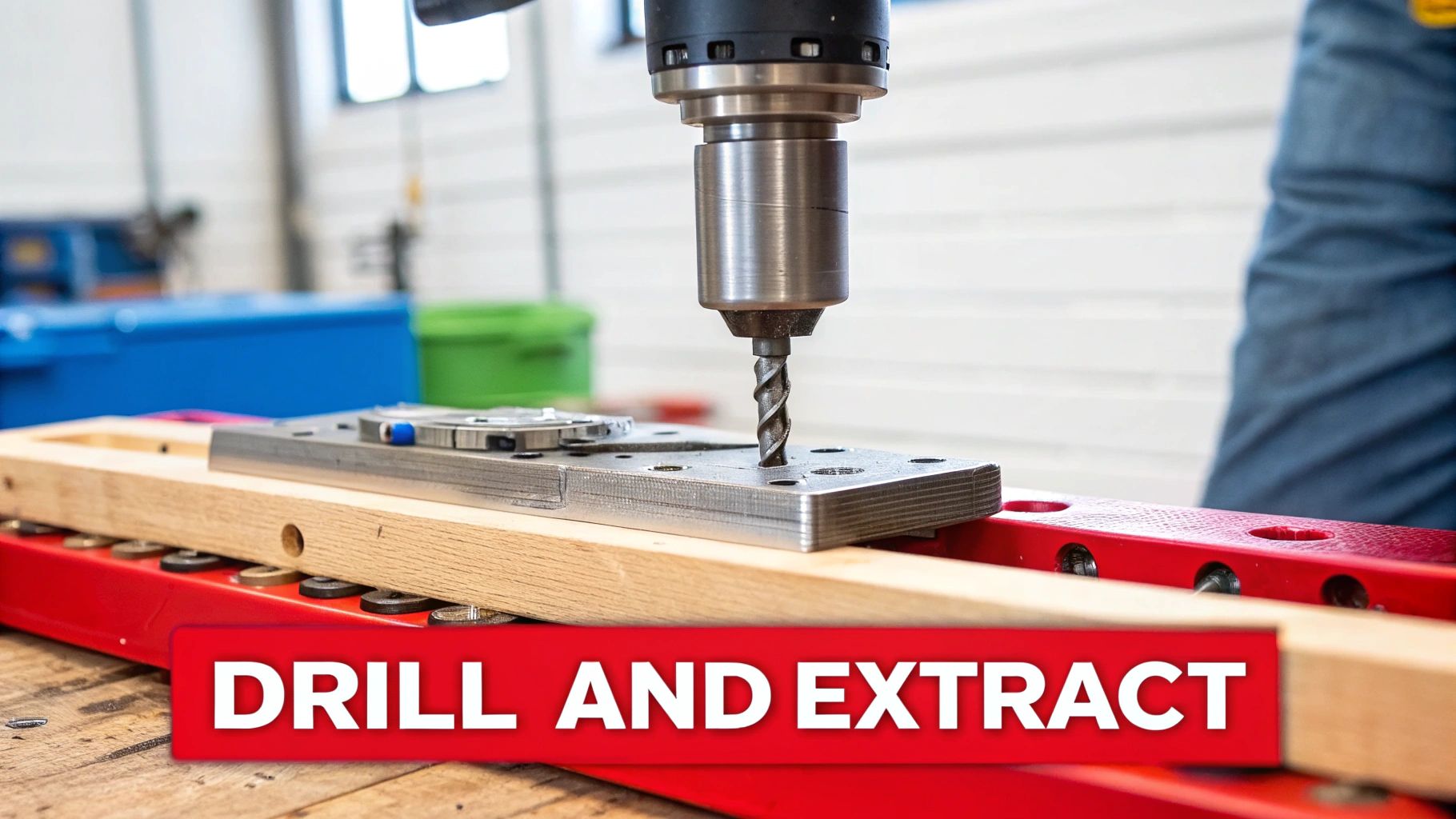 Close-up of a drill bit drilling into a metal plate secured on a wooden beam, with text 'Drill and Extract'.