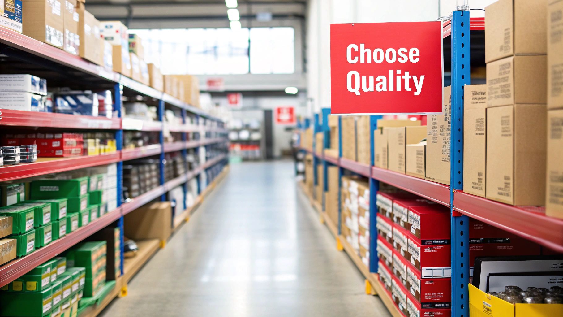 A clean, bright warehouse aisle with metal shelves packed with products and a 'Choose Quality' sign.