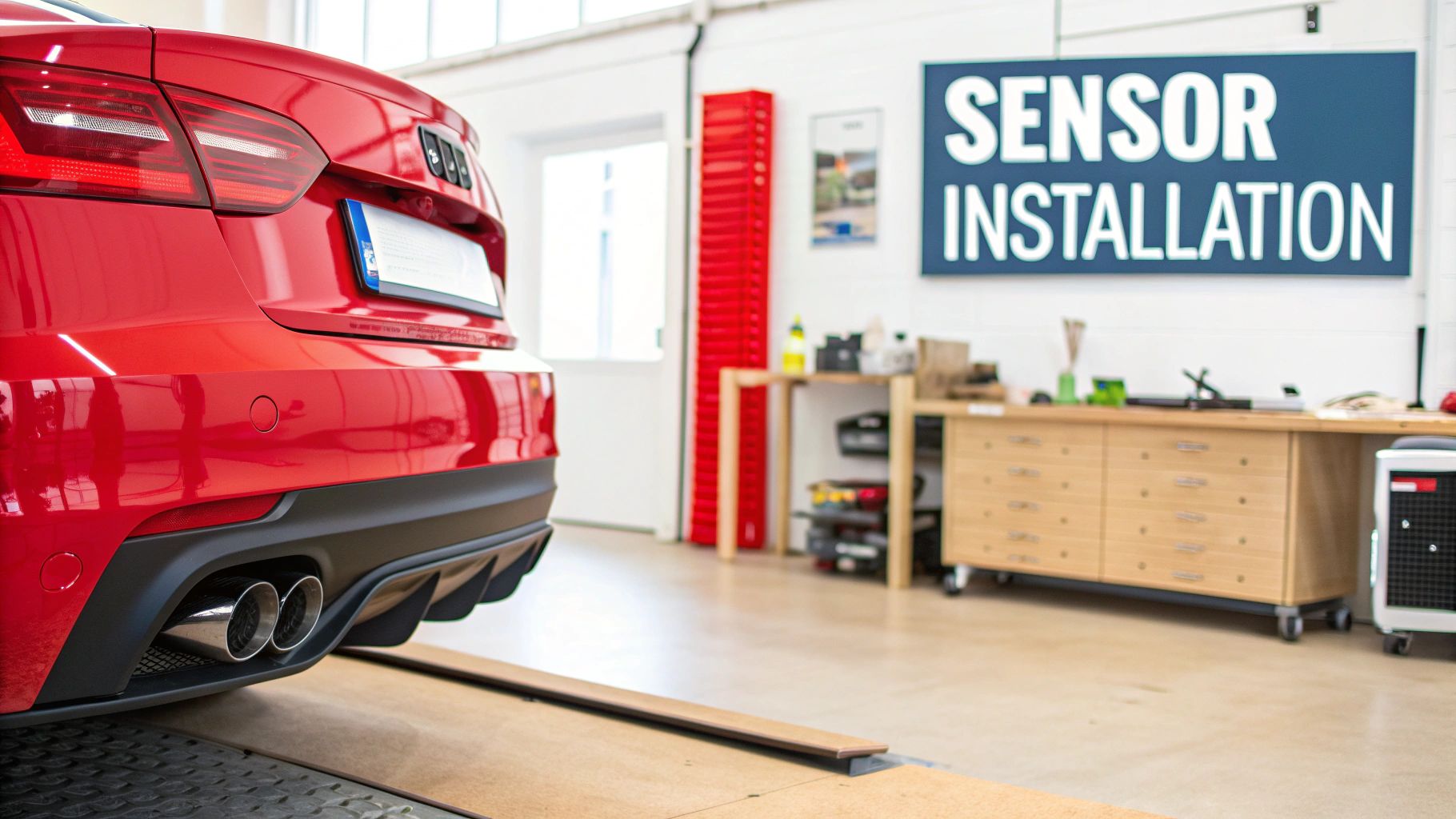 An array of parking sensors lined up, showcasing their sleek design and readiness for installation.