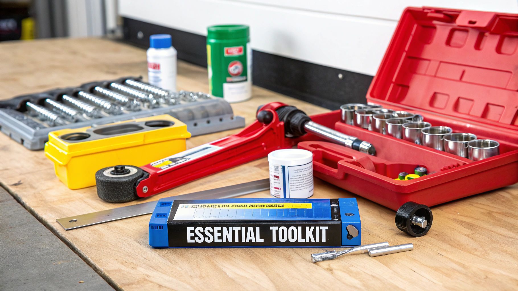 A collection of tools for car repair, including a socket set, floor jack, and painter's tape, neatly arranged on a workshop floor.