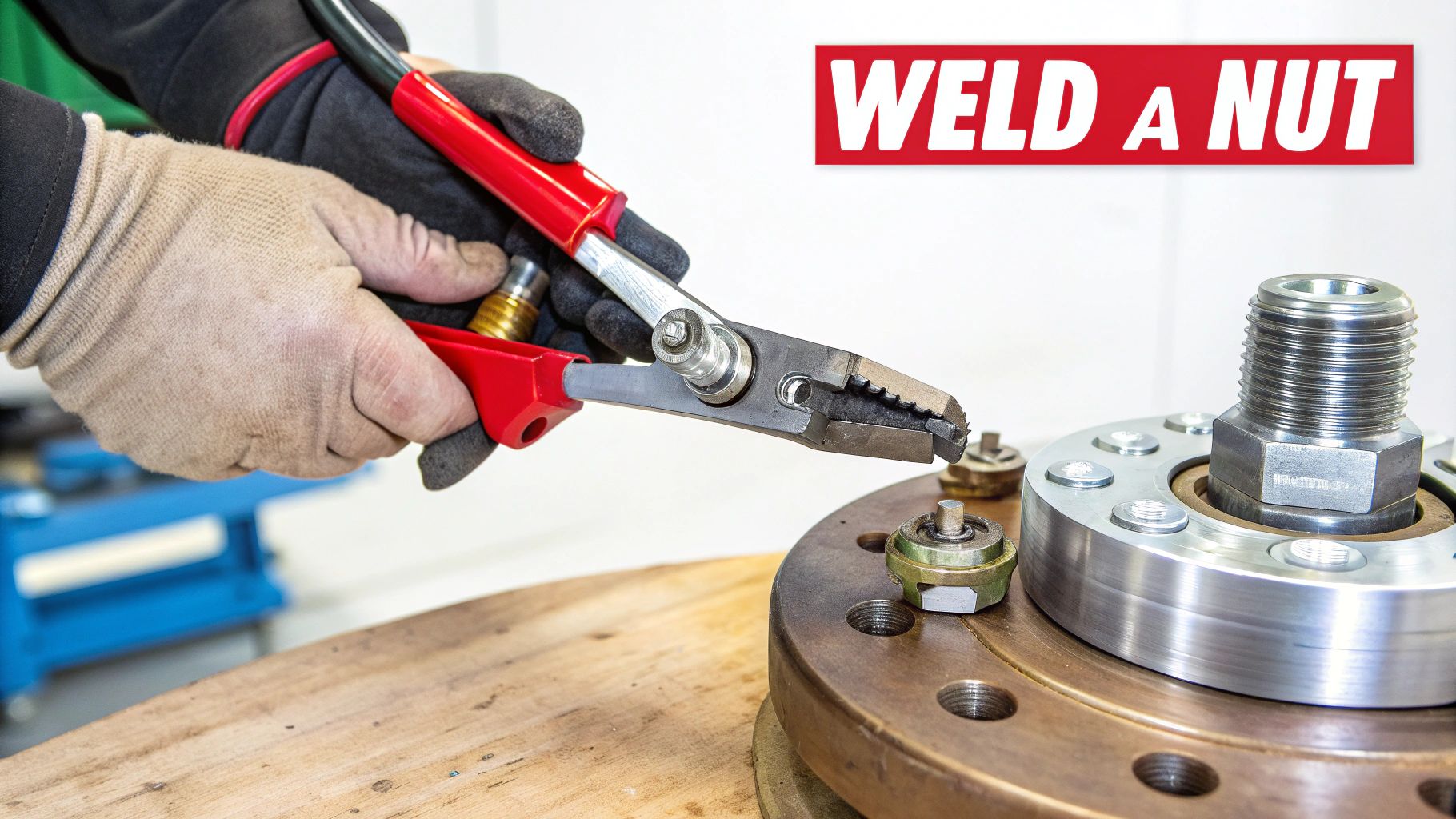 A person in work gloves holds a welding tool, preparing to weld a nut onto a metal flange.