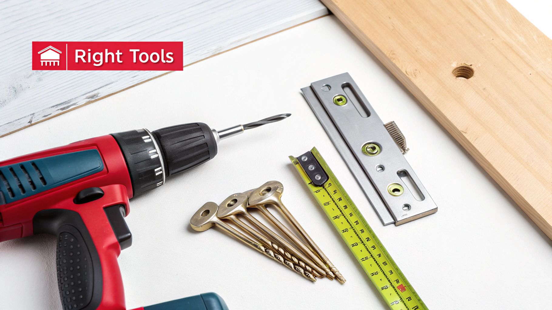 A close-up shot of a tape measure and screwdriver resting on a wooden surface next to a new door handle.