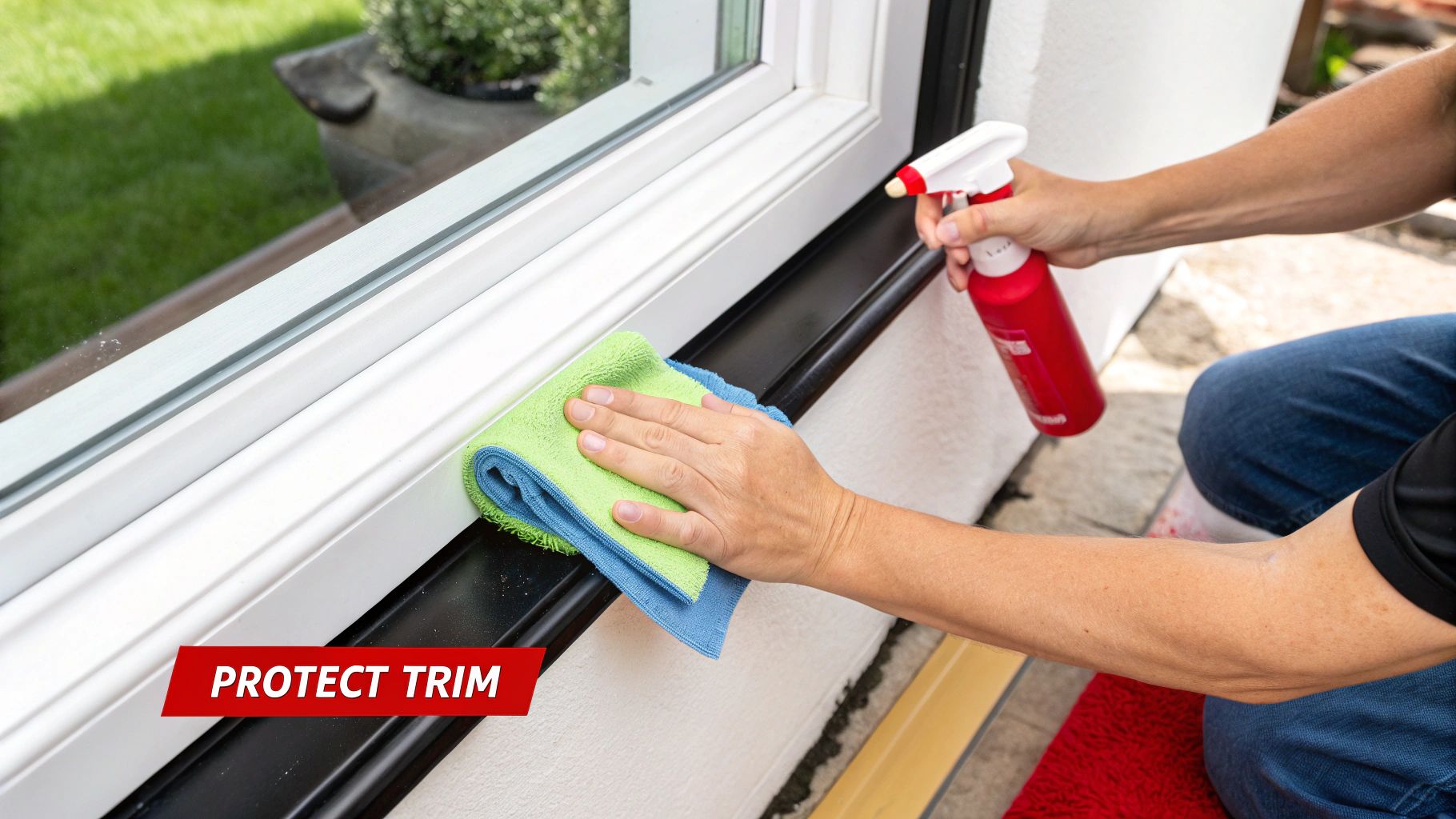 A person cleaning an exterior house window trim with a green microfiber cloth and spray bottle.