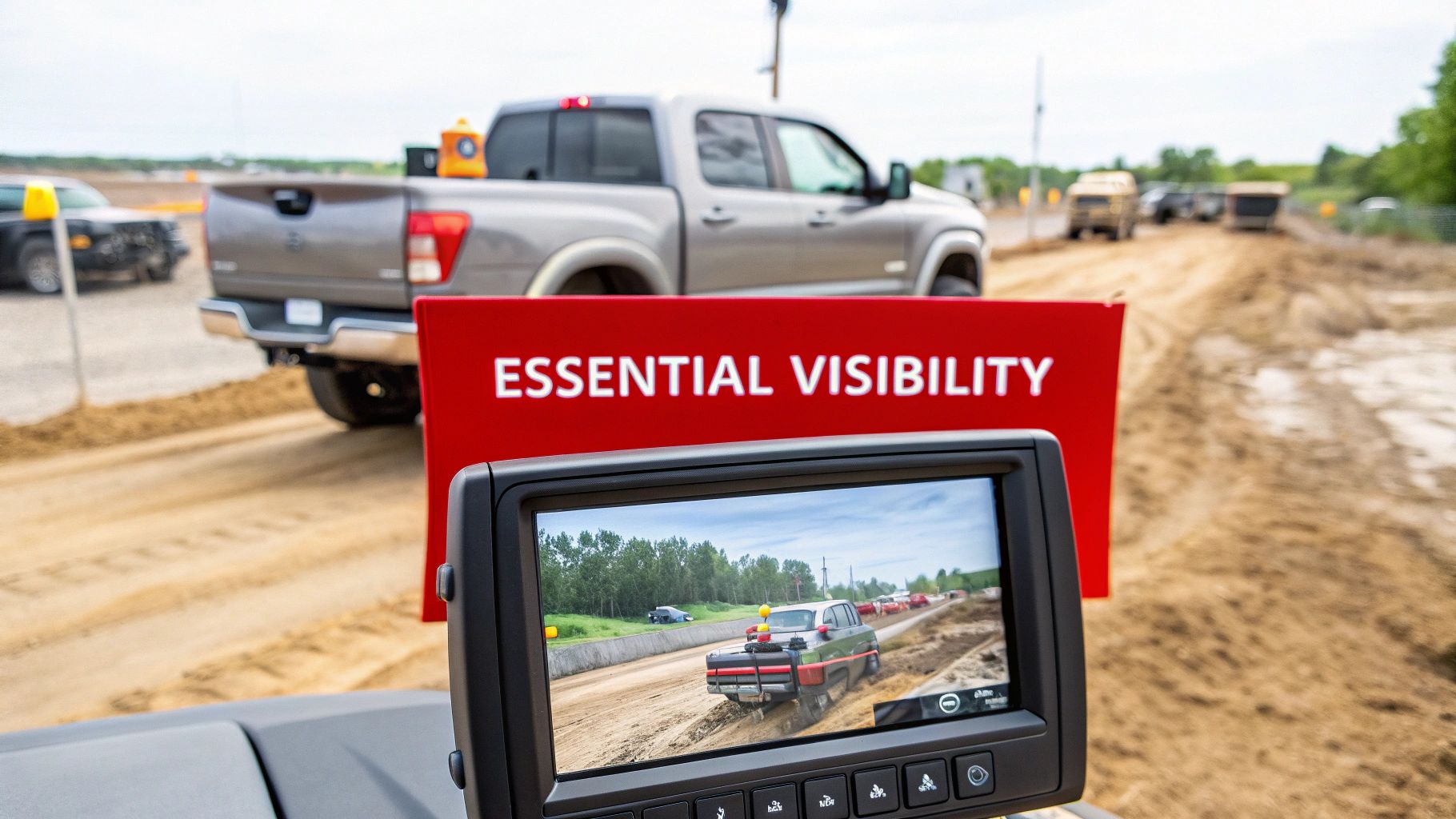 A black truck equipped with a backup camera, showing a clear view of the area behind it on the in-dash screen.