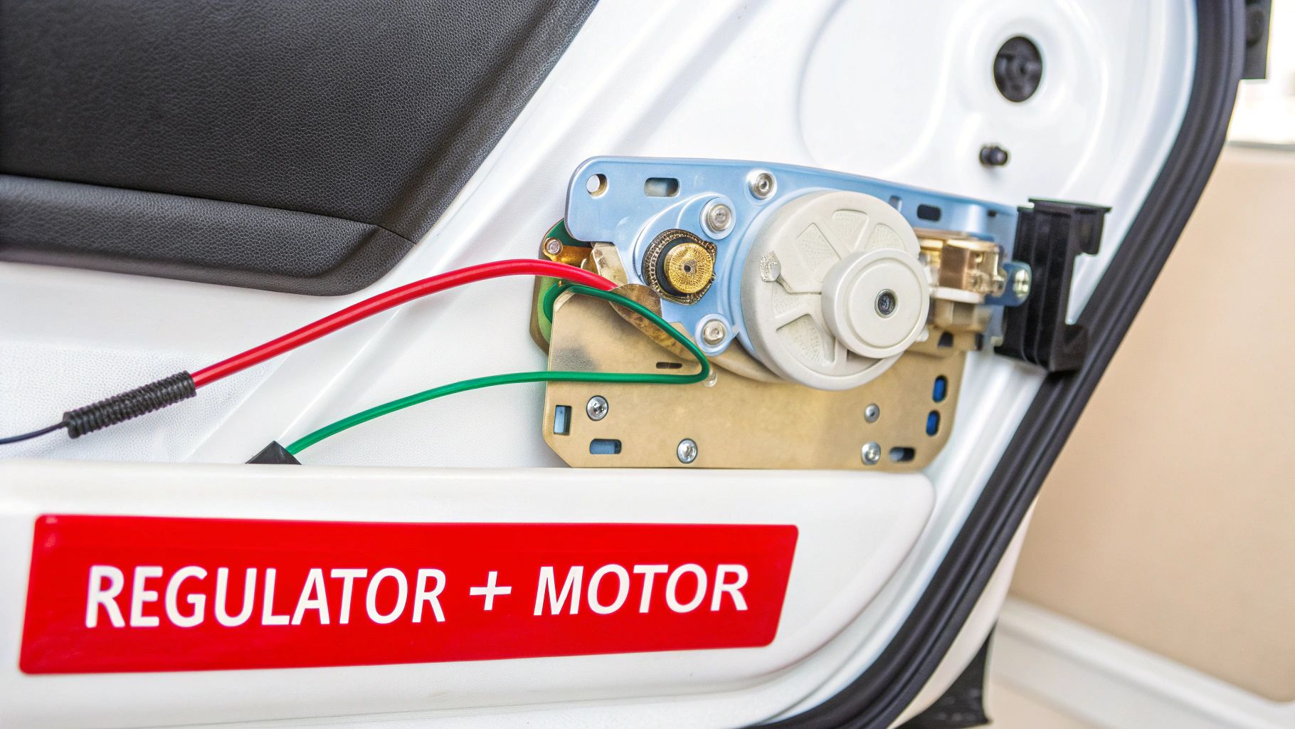 Close-up of a car door's interior revealing the power window regulator and motor mechanism with wires.