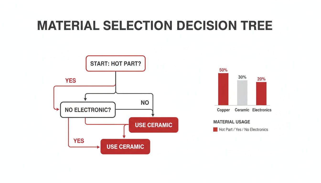 Decision tree for material selection of hot parts and electronics, alongside a material usage bar chart.