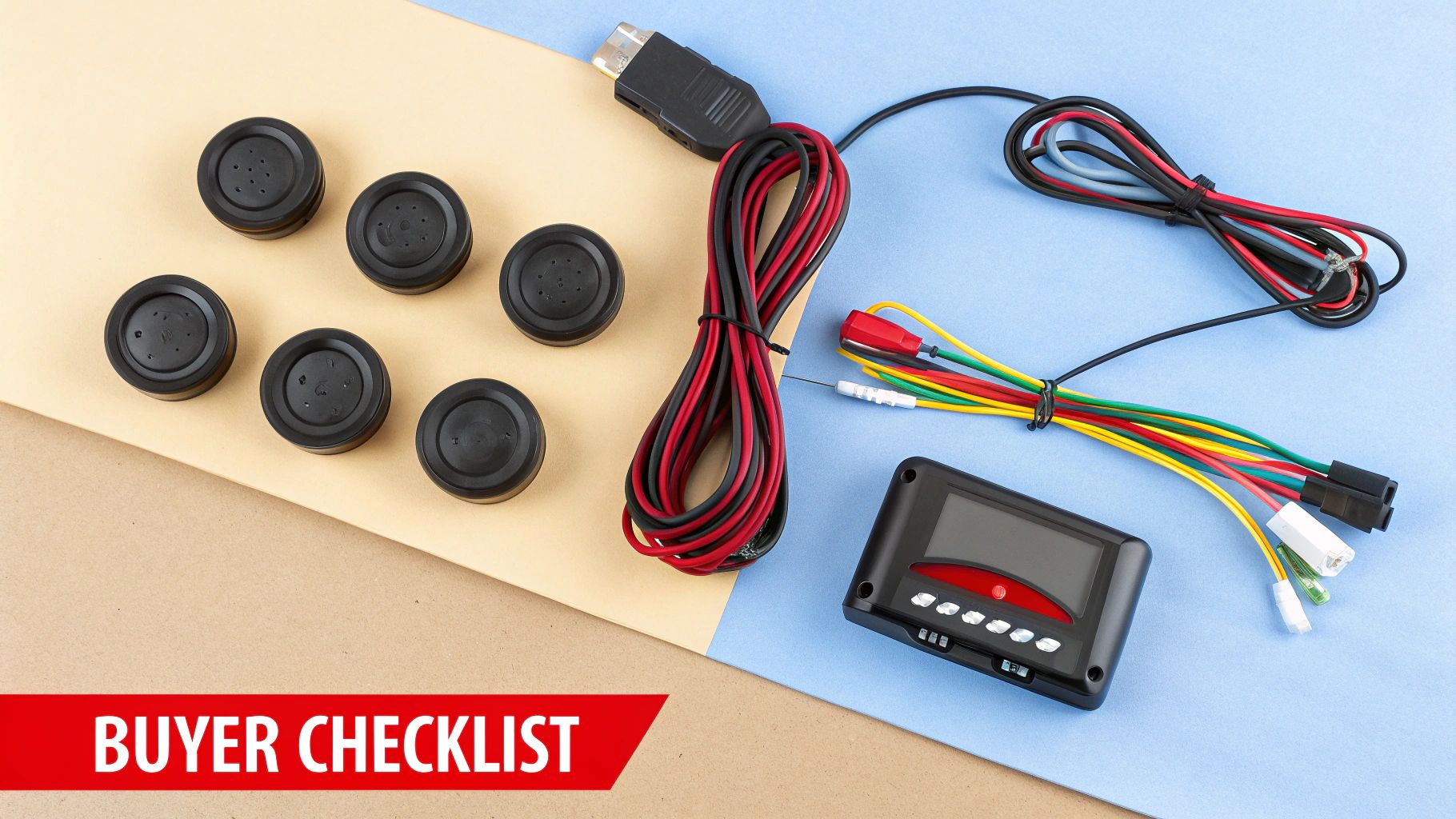 Various components of an aftermarket car parking sensor system, including sensors, wires, and a display.