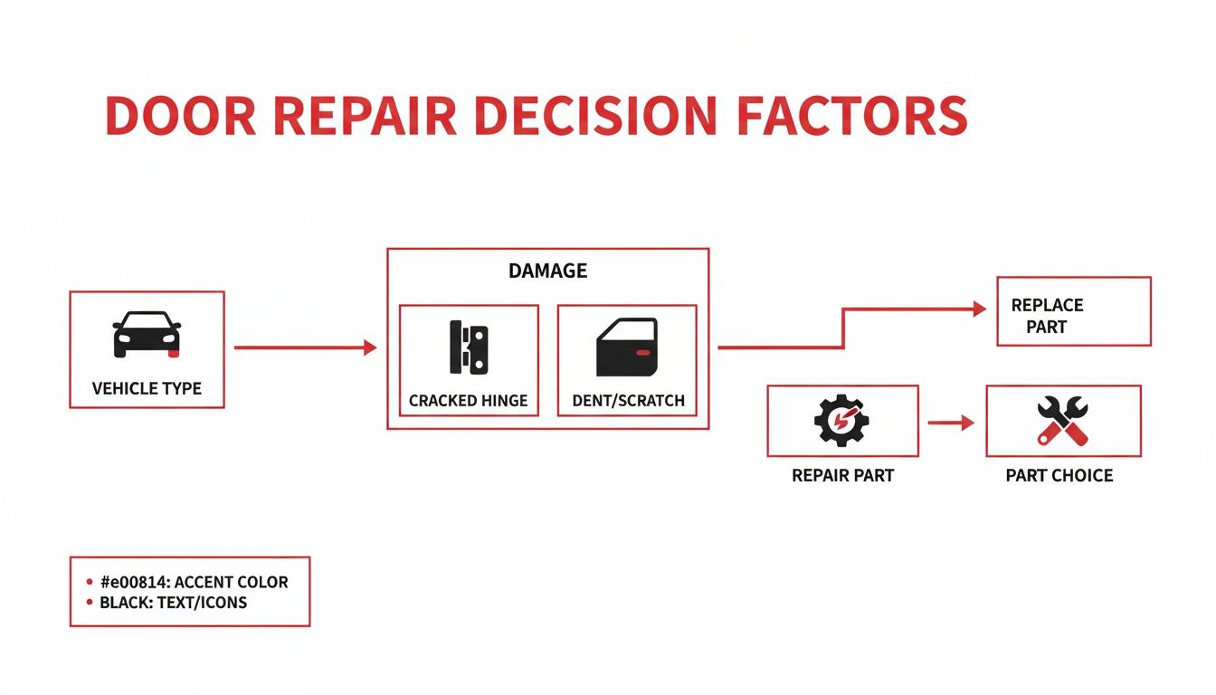 Flowchart detailing car door repair decision factors, including damage assessment and repair versus replacement options.