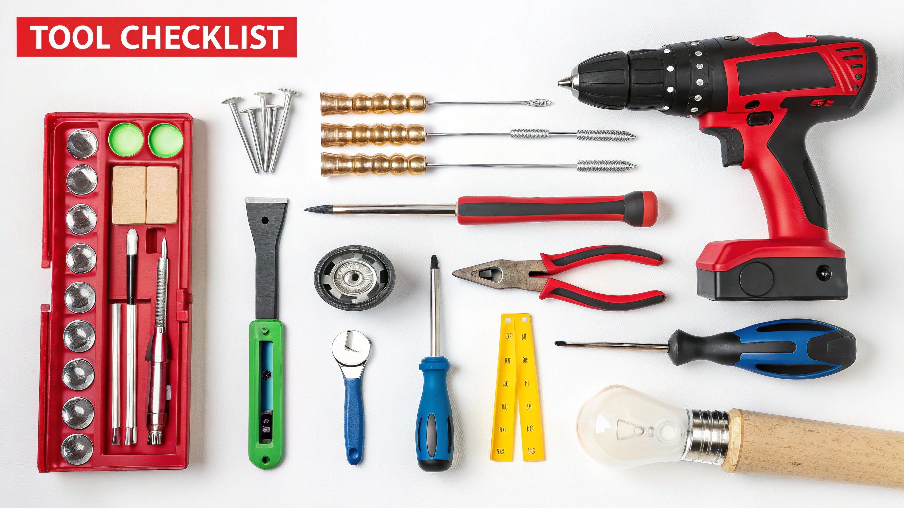 A comprehensive tool checklist displayed as a flat lay of various hand tools on a white background.