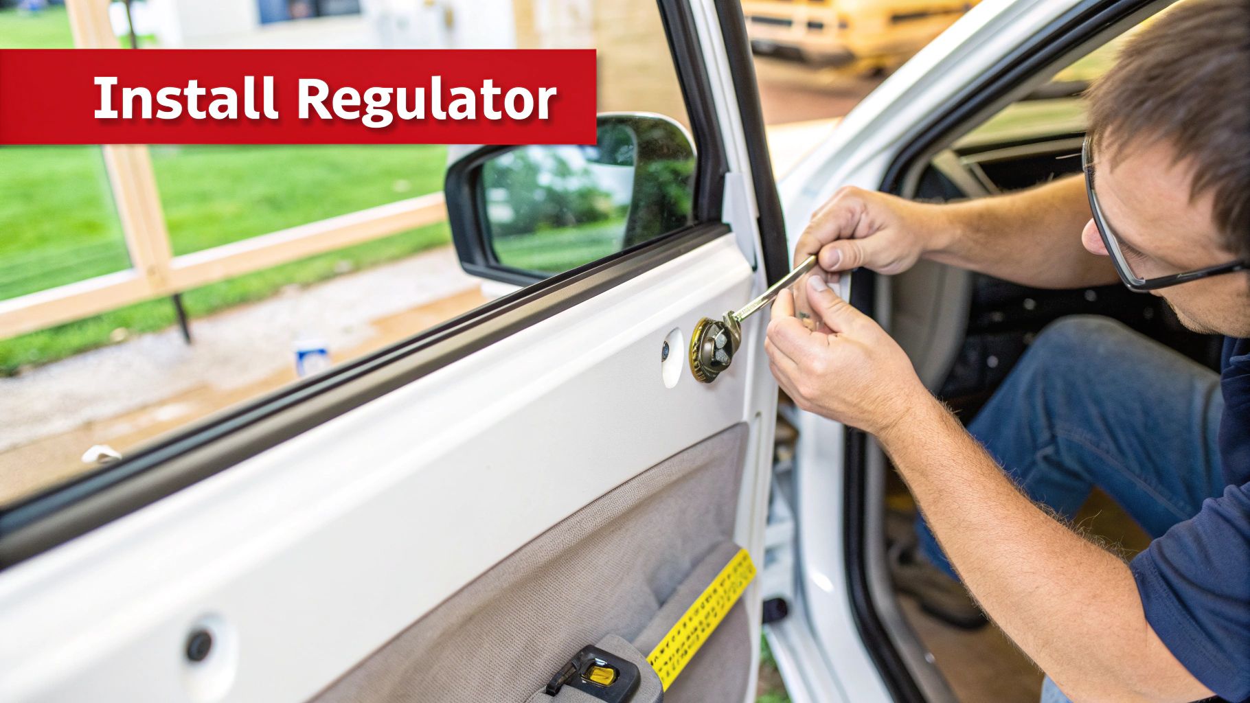 A man installs a window regulator inside a white car door with a specialized tool.