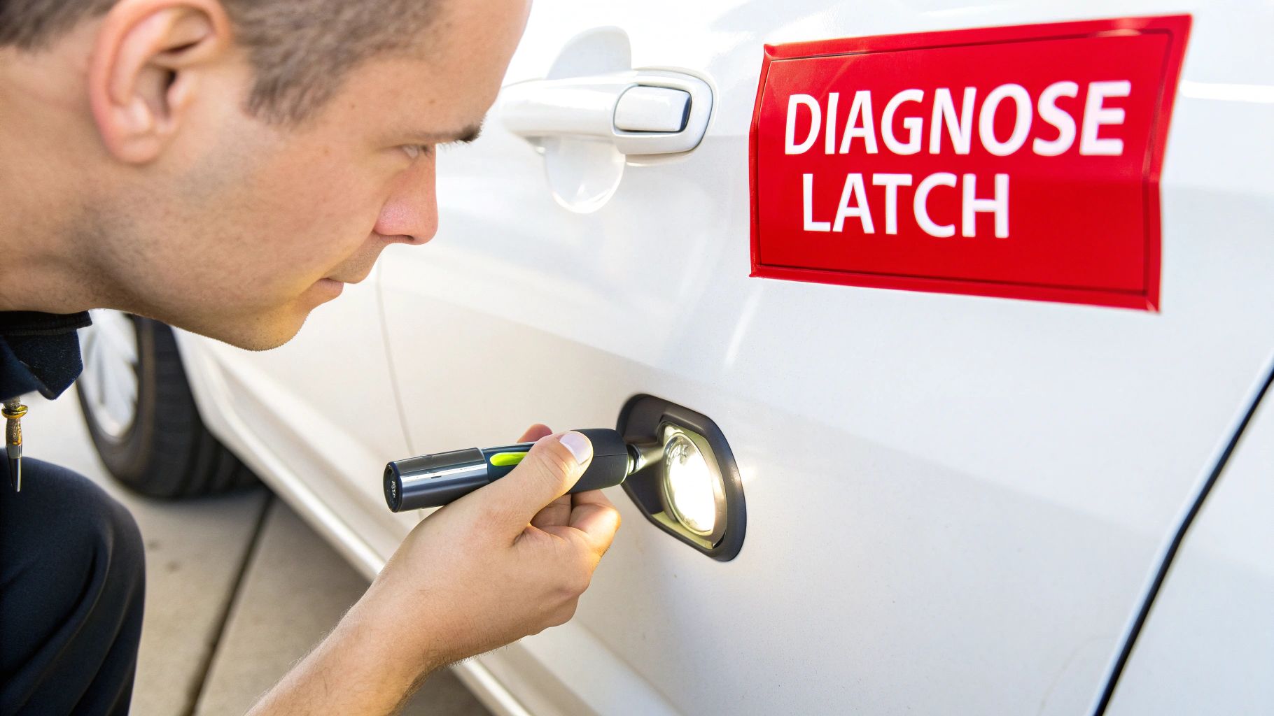 A man carefully inspects a car door latch with a flashlight, next to a 'DIAGNOSE LATCH' sign.