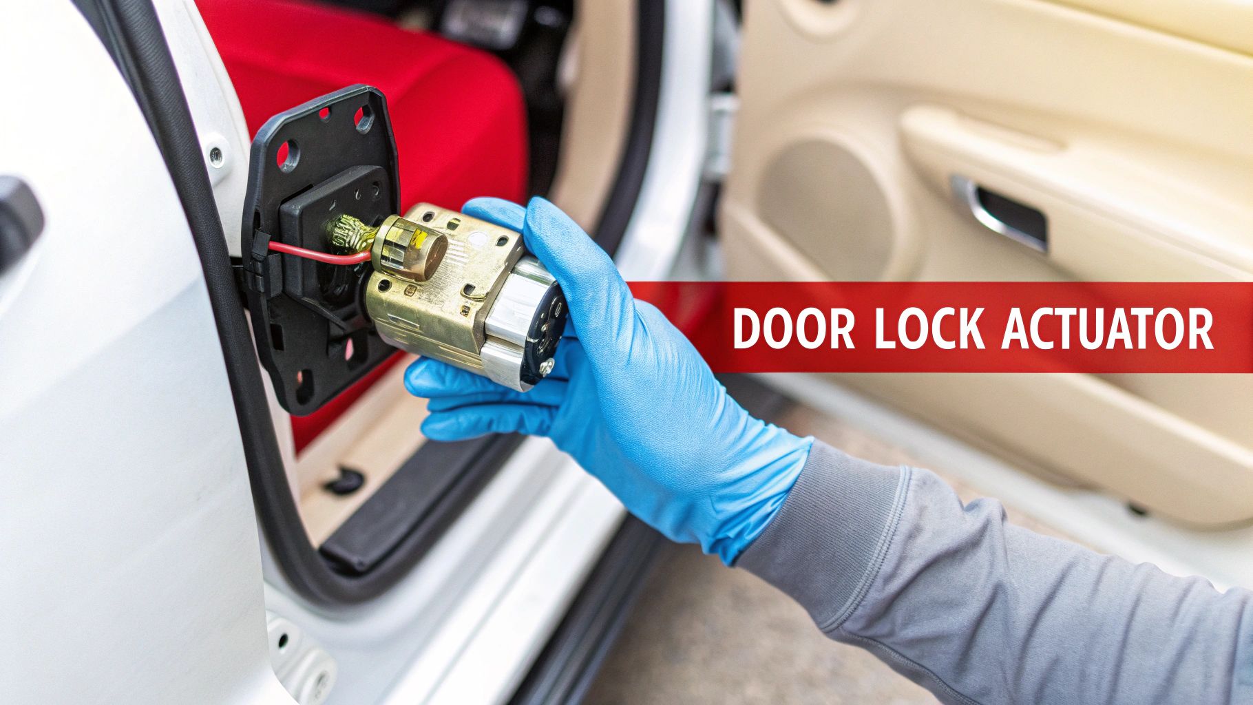 A person in blue gloves is installing or removing a car door lock actuator.