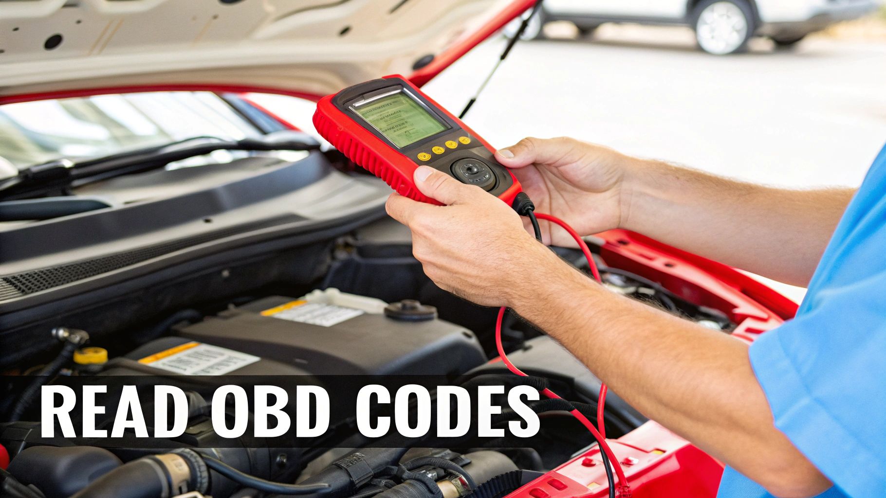A mechanic's hands hold an OBD scanner over an open car engine, with 'READ OBD CODES' text.