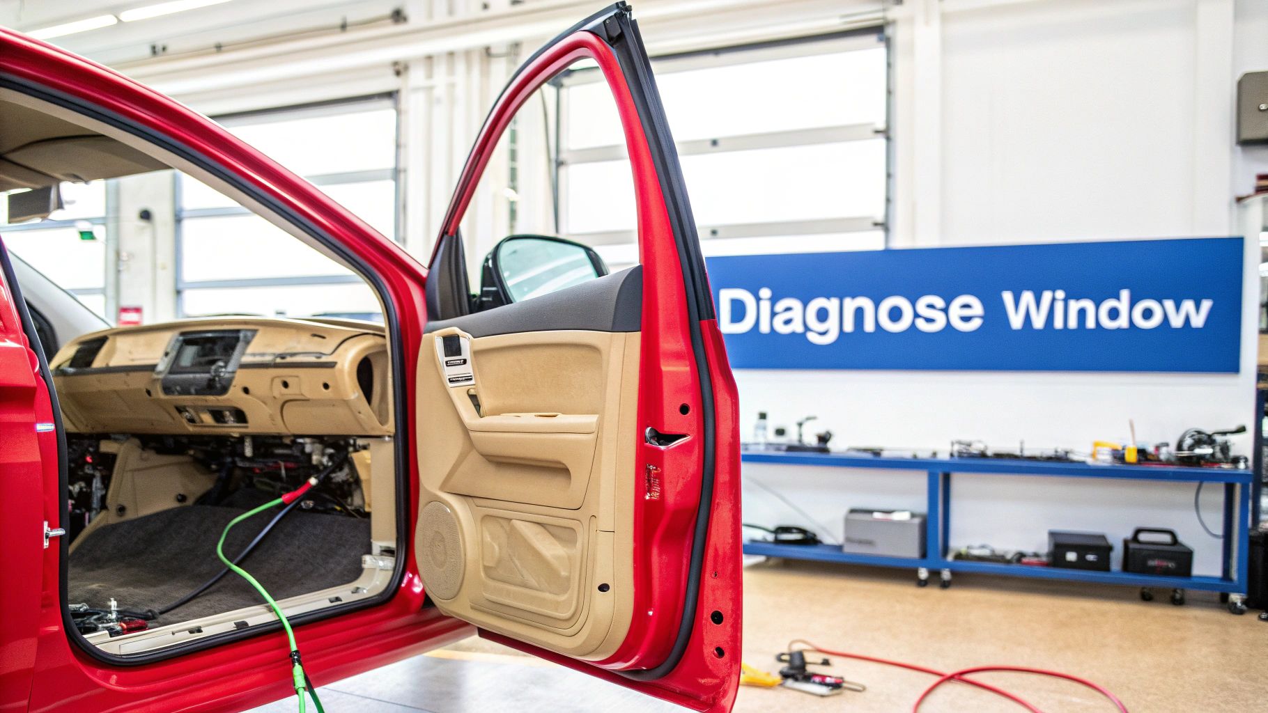 A red car with its interior exposed and front door open, undergoing diagnostics in a workshop.