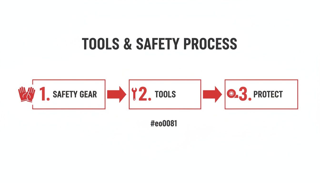 Flowchart illustrating the 'Tools & Safety Process' with steps: safety gear, tools, and protect.