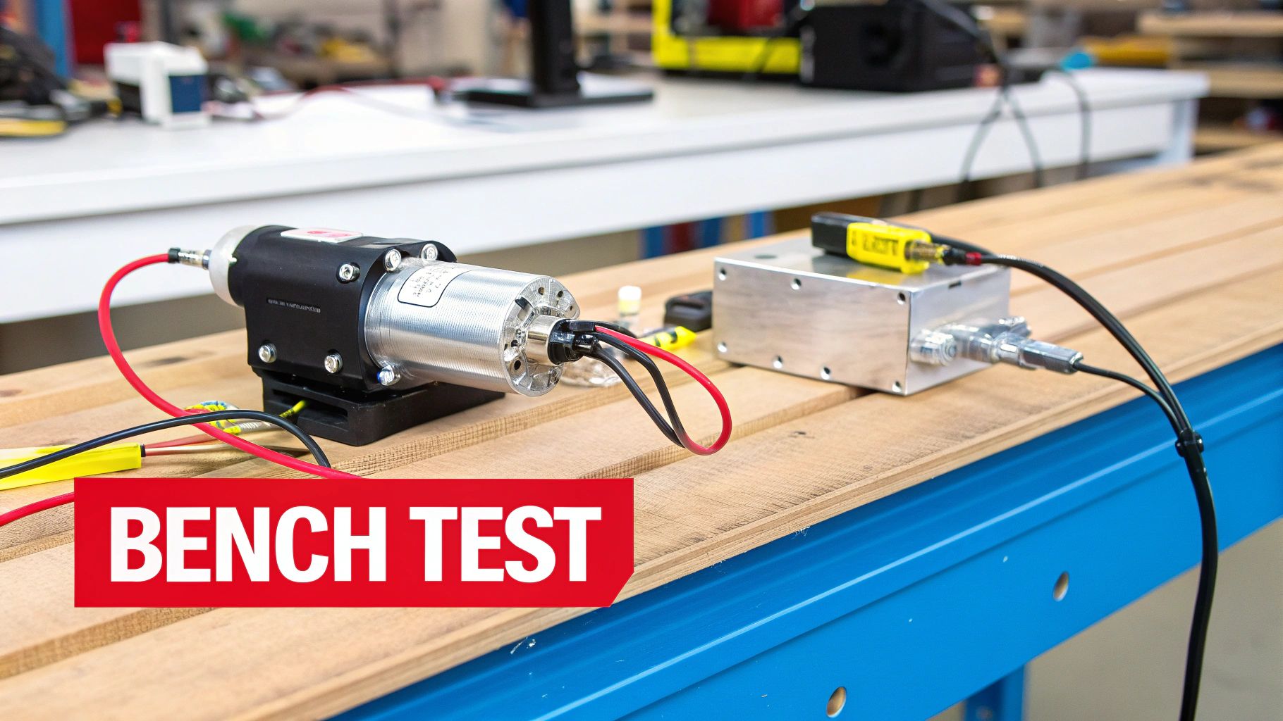 A close-up of an electromechanical device undergoing a bench test with wires and equipment on a wooden workbench.