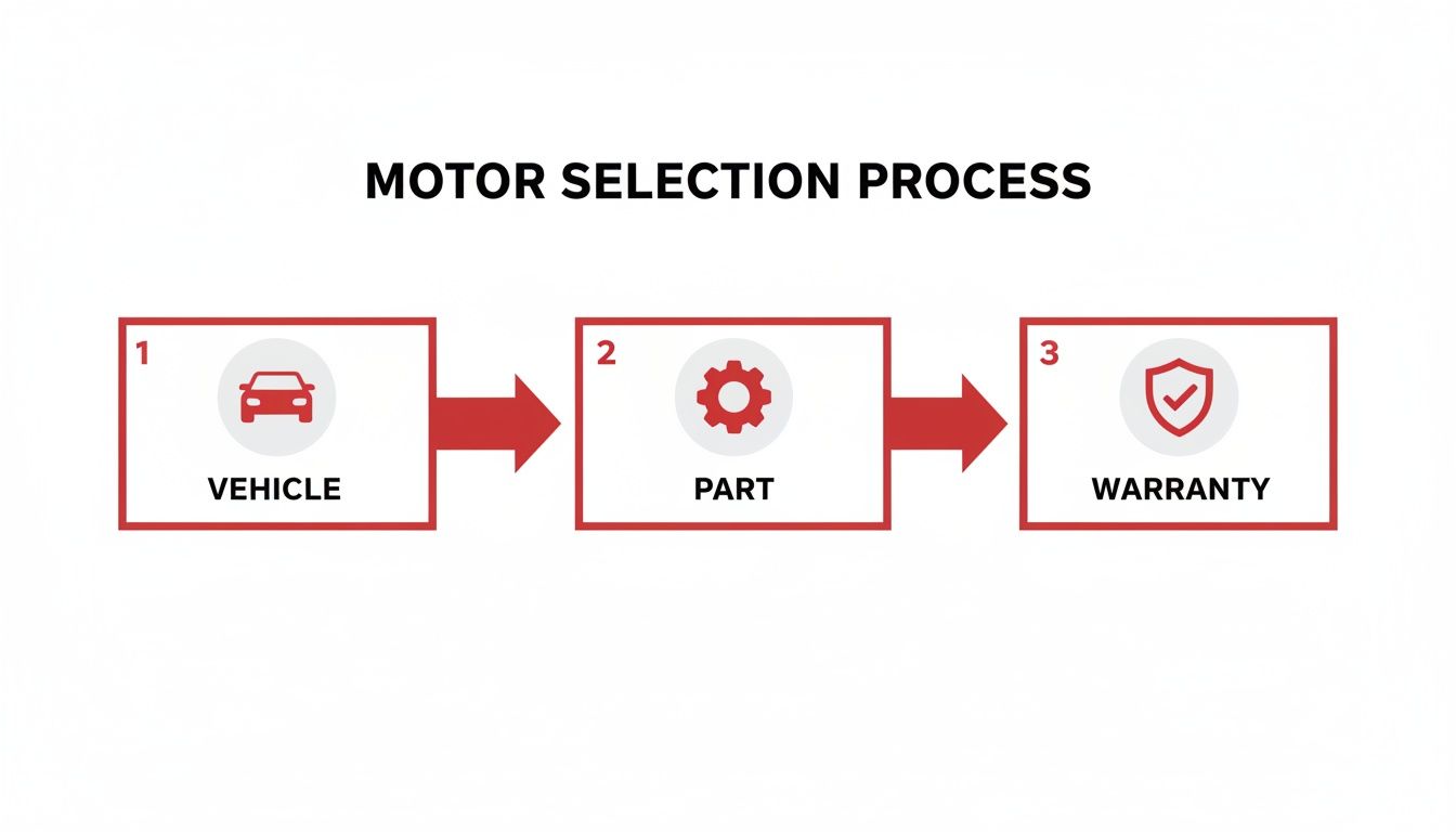 Flowchart illustrating the motor selection process: vehicle, part, and warranty steps.