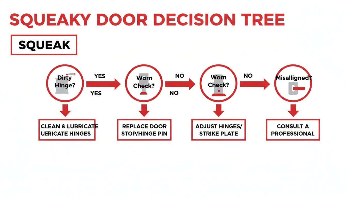 A decision tree flowchart illustrating steps to diagnose and fix a squeaky door, from lubrication to professional consultation.